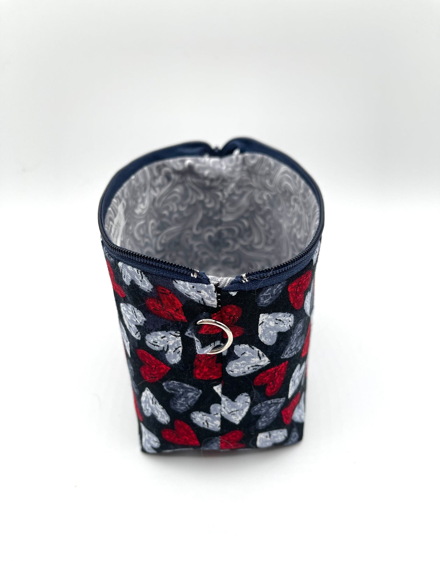 Zipper Bucket Bag - Red and Gray Hearts on Black