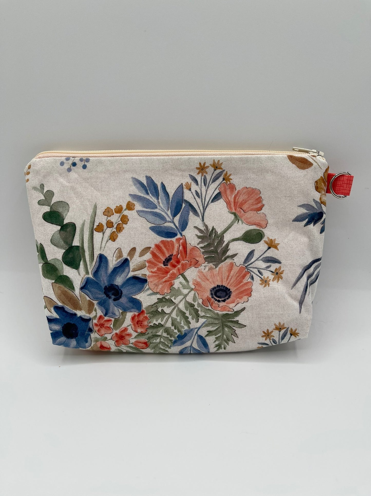 Flat Zipper Bag - Coral and Blue Flowers
