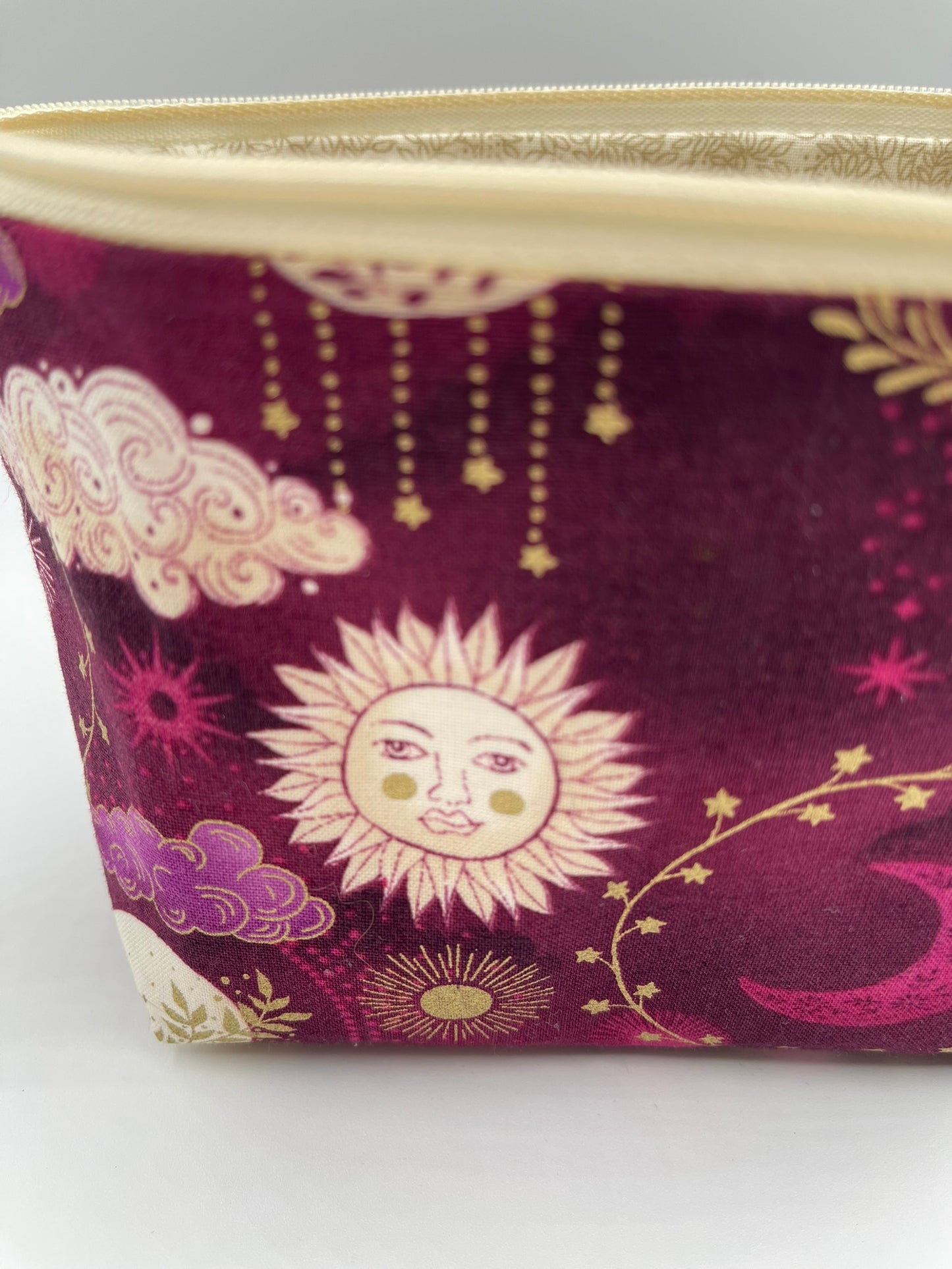 Zipper Bucket Bag - Moon and Sun on Maroon