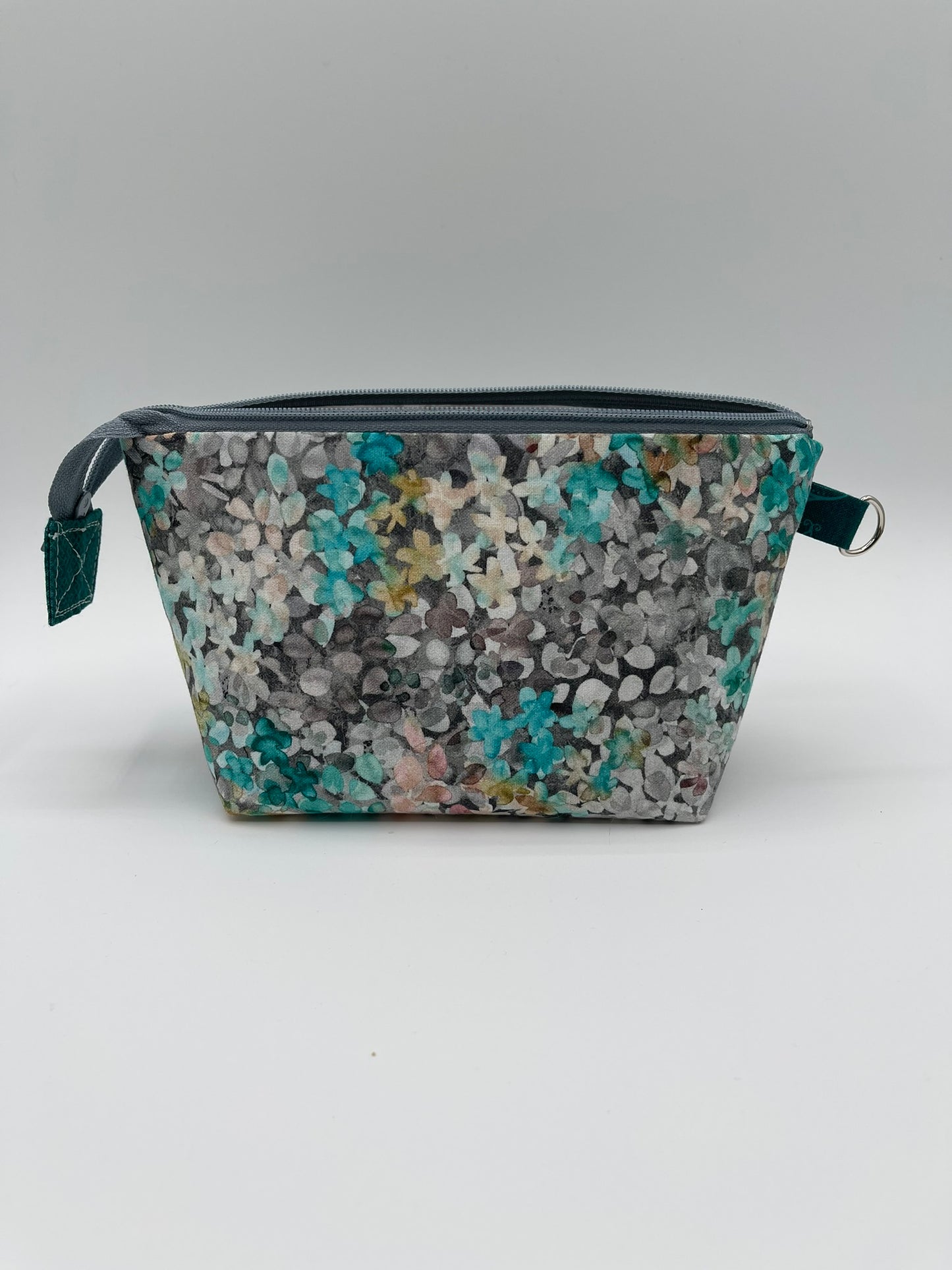 Zipper Bucket Bag - Teal and Gray Flowers