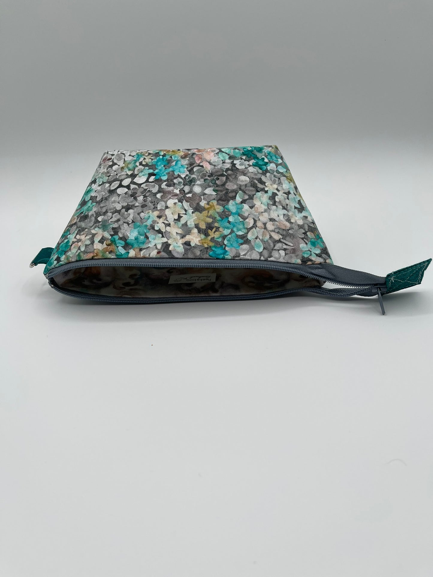 Zipper Bucket Bag - Teal and Gray Flowers