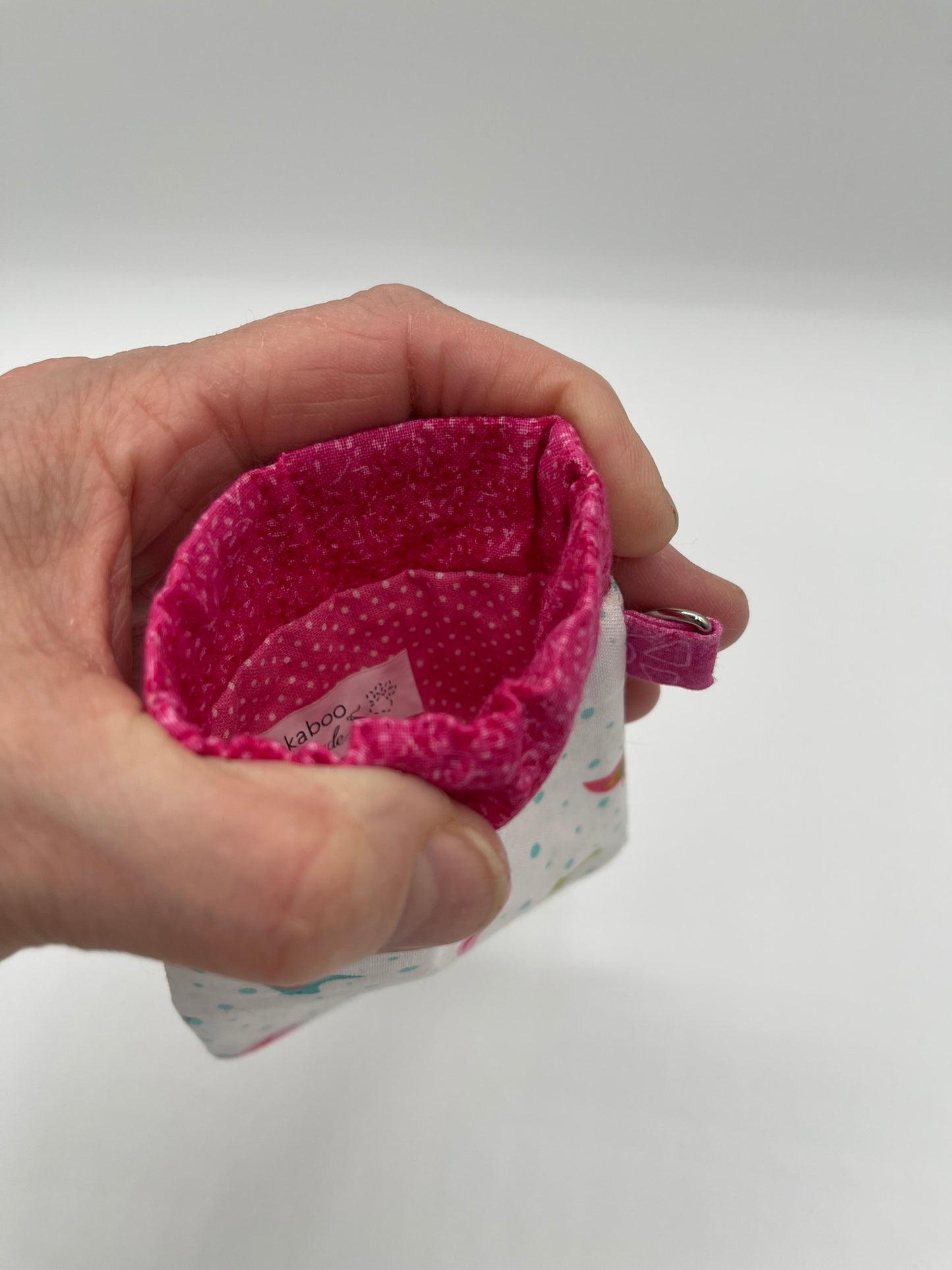 Snappy Bag - Tiny White Birds on White, Pink Trim