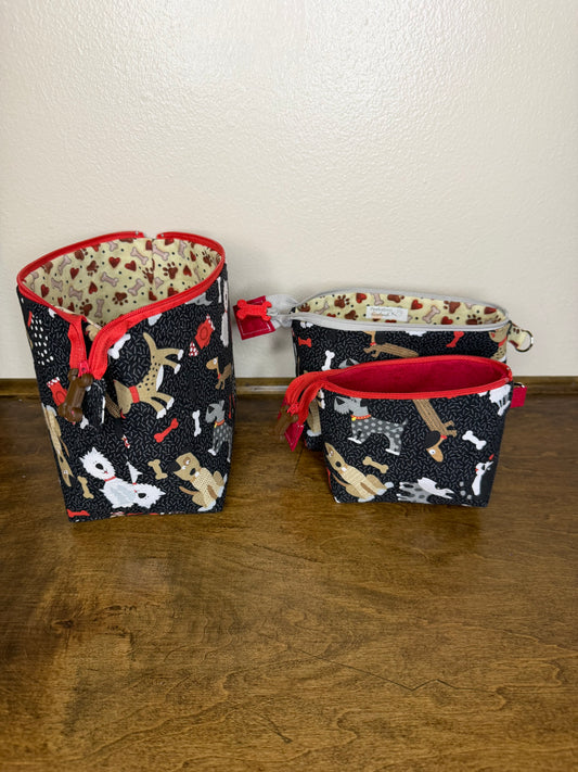 Zipper Bucket Bag - Dogs on Black