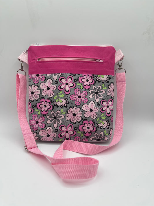 Sally Bag - Pink Flowers on Gray