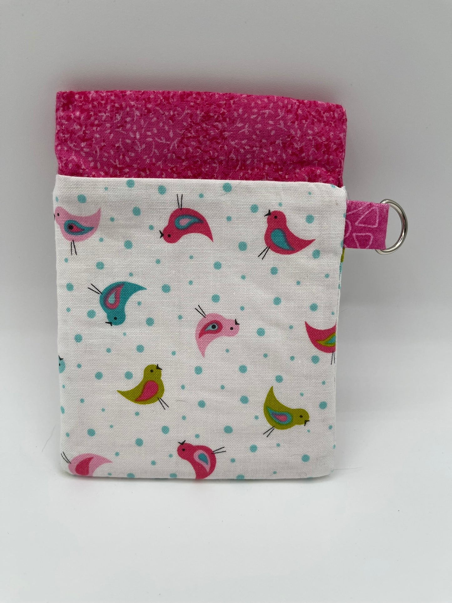 Snappy Bag - Tiny White Birds on White, Pink Trim
